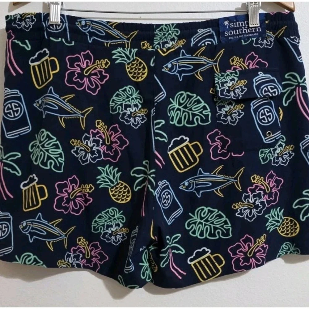 Simply Southern Navy Neon Print Swim Trunks Shorts Mens Sz‎ M